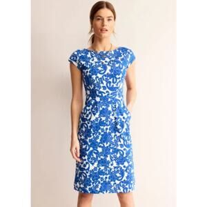 Boden Florrie Jersey Dress Knit Pocket Blue White 4 Cap Sleeves